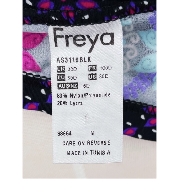 Freya Black Purple Floral Women’s Banded Halter Bikini Swim Top Size UK US 38D - Picture 5 of 5